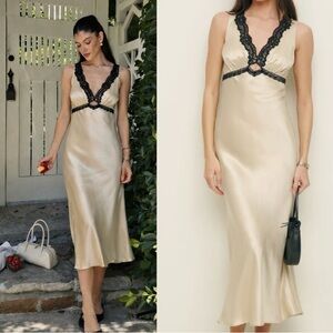 Reformation Alicyn Lace Trim Satin Slip Dress Ivory Cream Silk Size 0